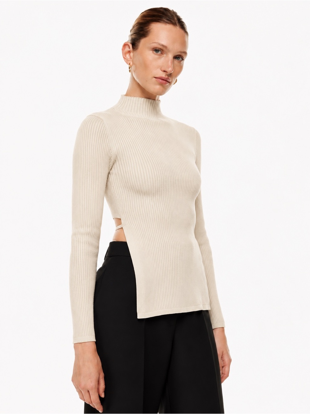 Babaton Sculpt Knit Tie-Back Longsleeve Cream Ivory Mock Neck XS